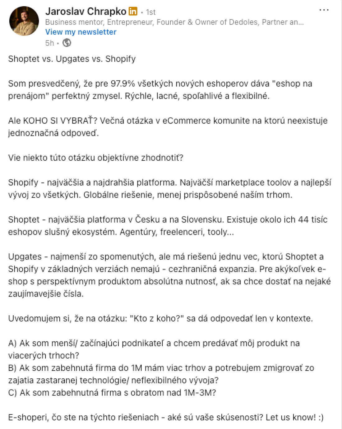 Shopify vs. Shoptet vs. Upgates na CZ/SK trhu: jak přemýšlet strategicky (ne jen podle ceny)