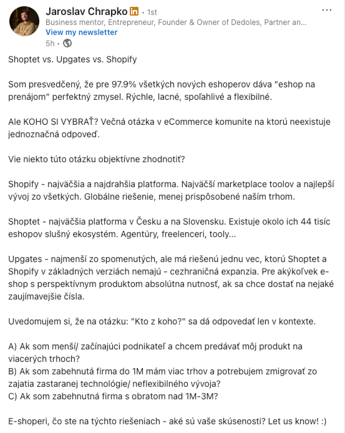 Shopify vs. Shoptet vs. Upgates na CZ/SK trhu: jak přemýšlet strategicky (ne jen podle ceny)